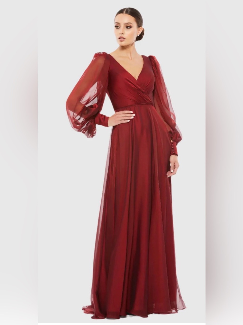 New with tags! Mac Duggal Red Sheer Blouson Sleeve Surplice Gown